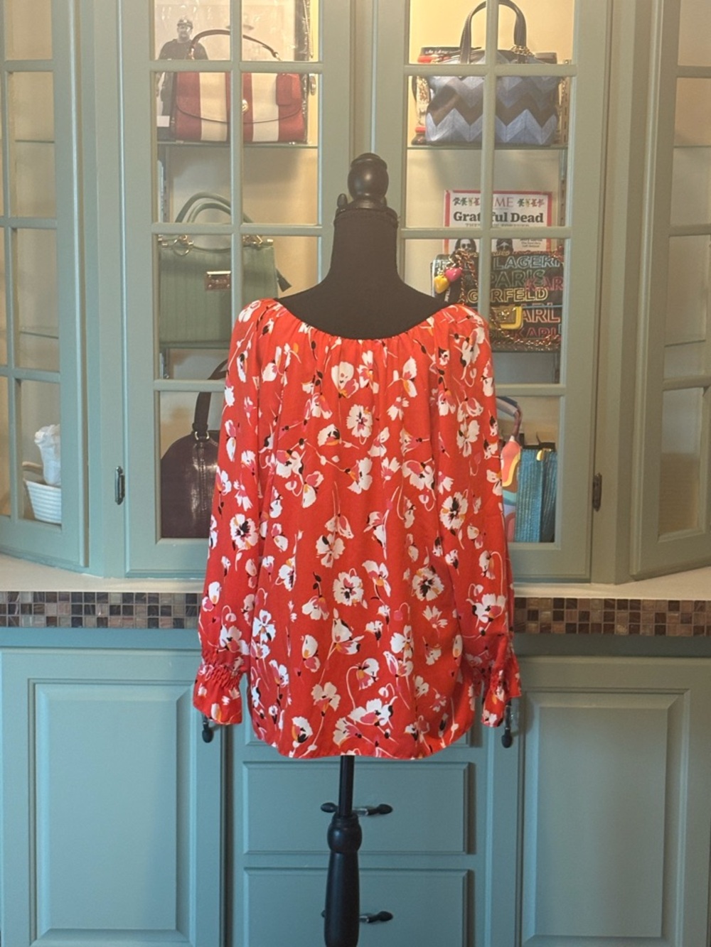 Bright Red Floral Tie-Neck Blouse - Picture 5 of 6
